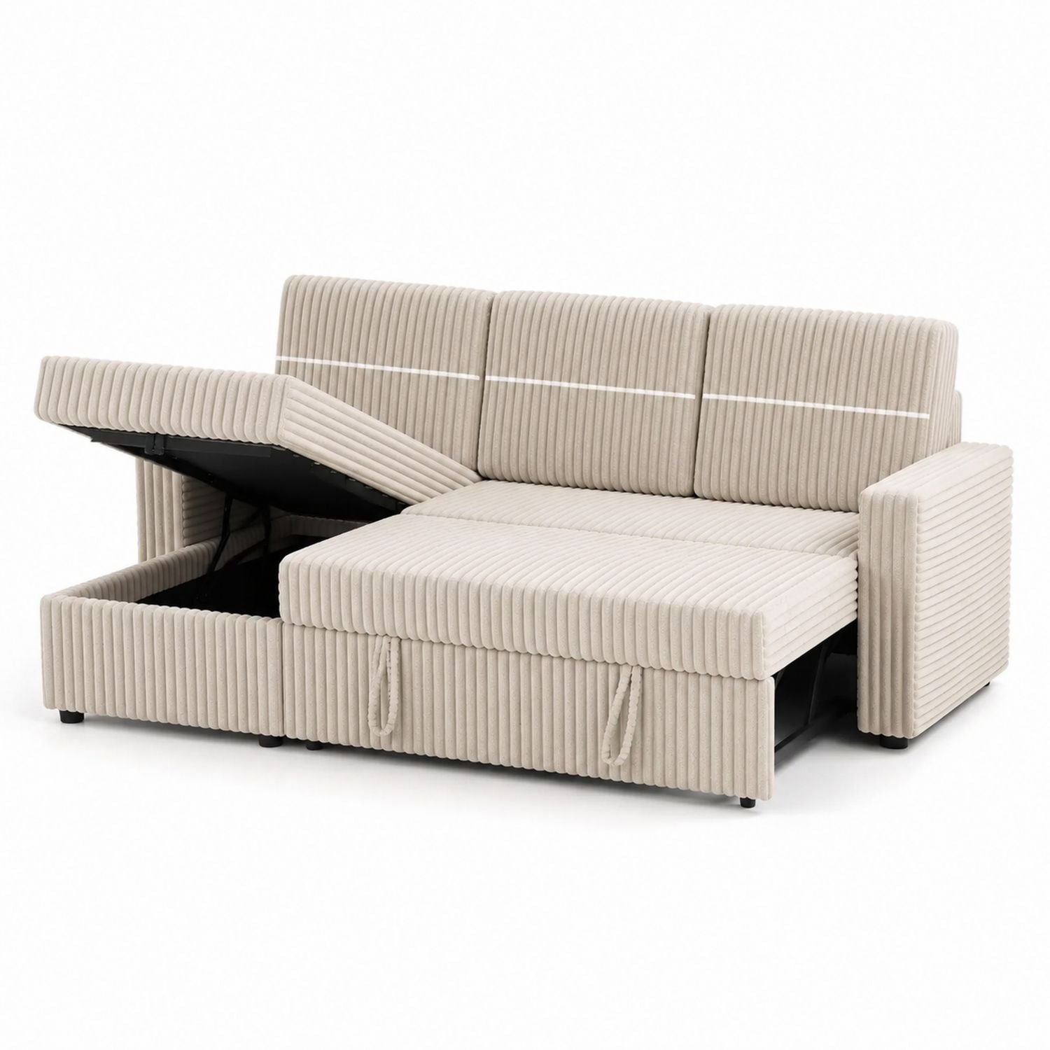 Sofa rozkładana sztruksowa z pojemnikiem beżowa