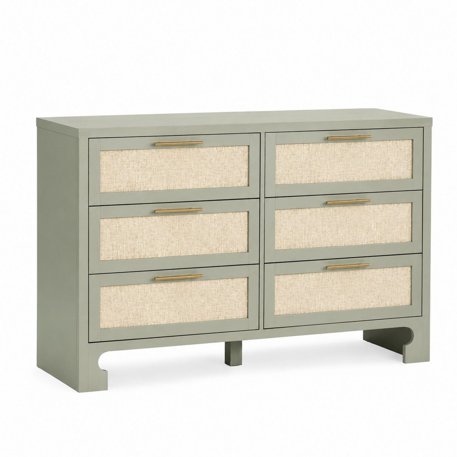 Komoda z sześcioma szufladami, drewno, rattan, zielono-beżowa, 120x40x80 cm