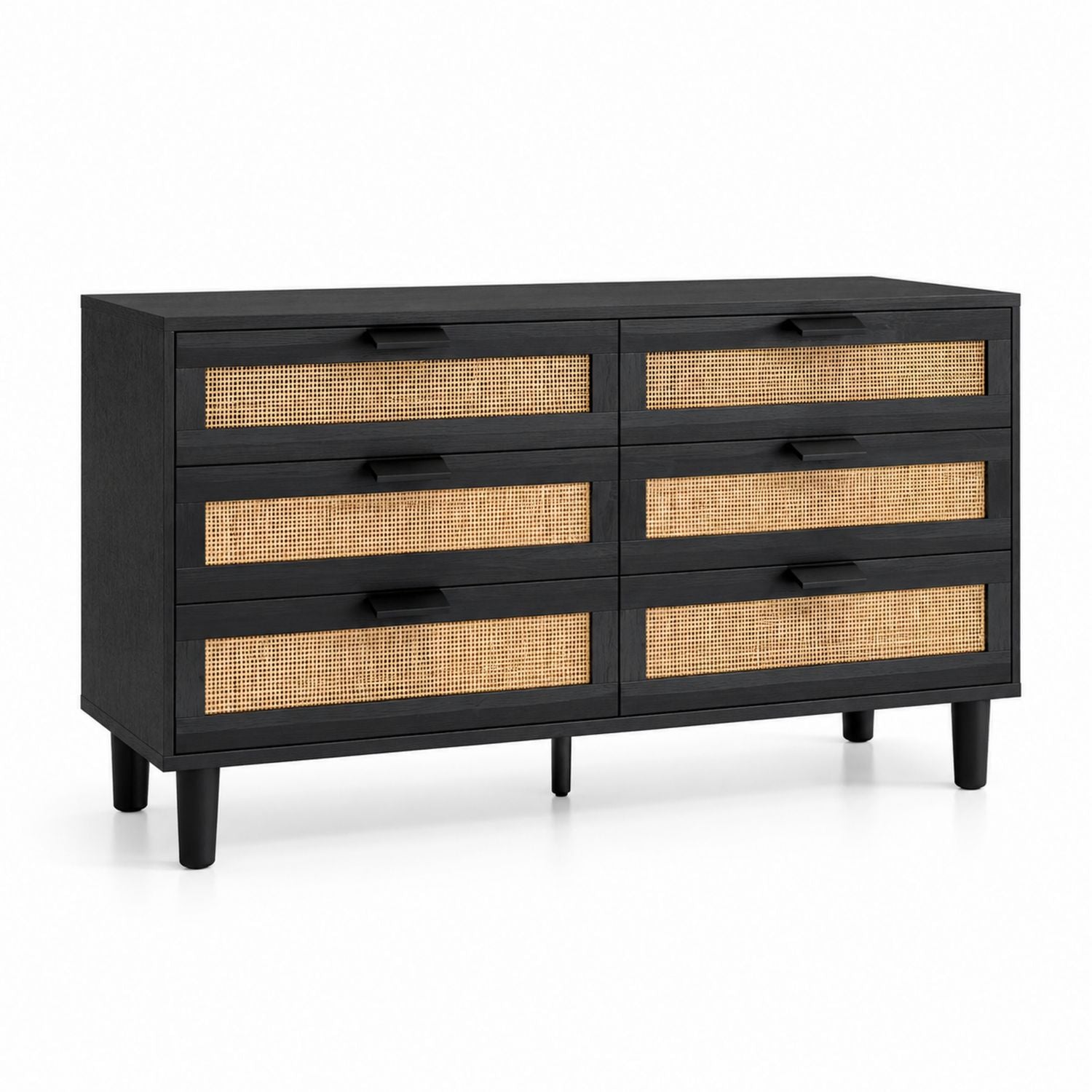 Komoda z 6 szufladami z drewna i rattanu Czarna